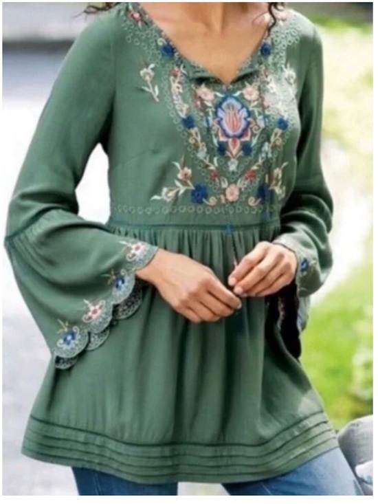 Soft Surroundings Tops - Soft Surroundings Olive Green Viscose Embroidery Embellished Top Sz S